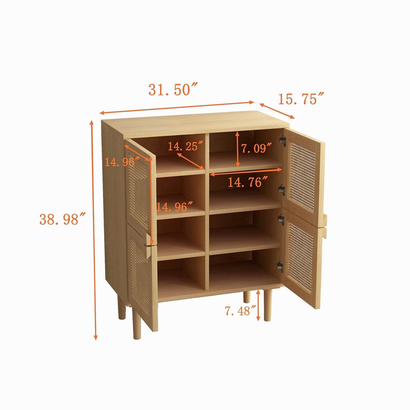 Armoire de rangement en maille rotin 4 portes, buffet avec huit espaces de rangement, pour entrée, salon, couloir, Naturel