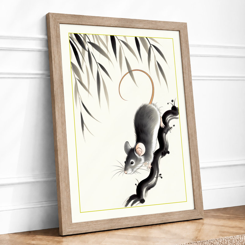 Squirrels Among Willow Japandi - Framed Print, A4 - 29.7 x 21.0 cm, Oak