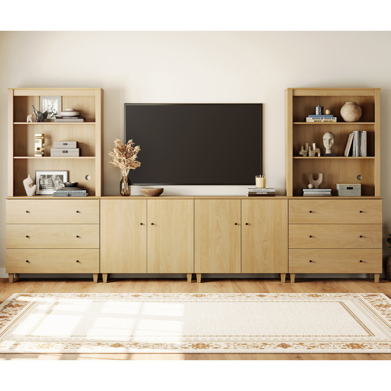 Lysiane Entertainment Center And Bookshelves Set With Drawers And Cabinets For 75" Tvs, Oak