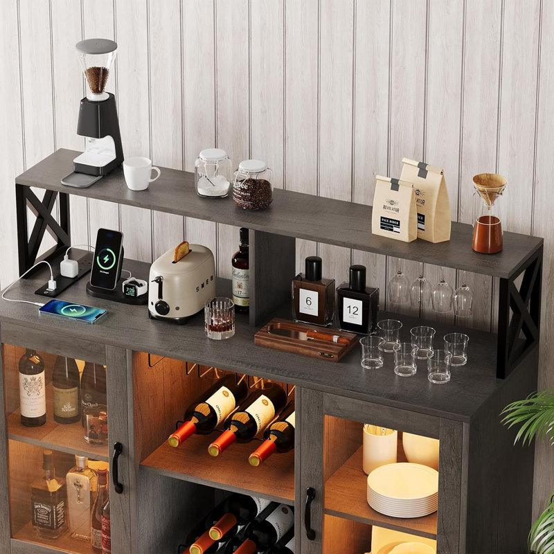 Bar Cabinet With Power Outlets, Led Lights And Glass Holder, Storage Buffet Cabinet, Gray