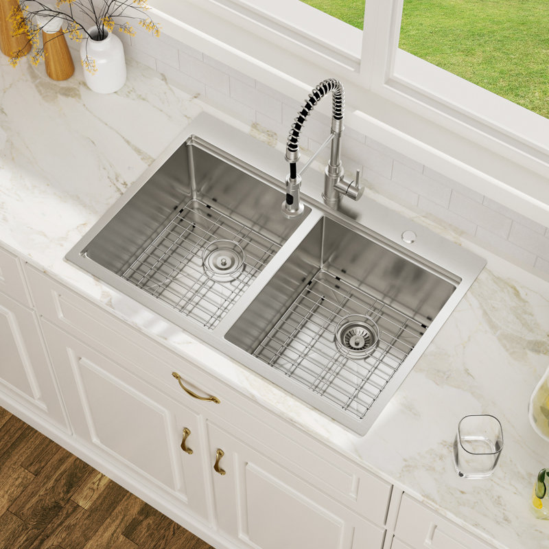 Évier de cuisine à double cuve encastrable en acier inoxydable avec accessoires L 33 po x l 22 po x P 10 po