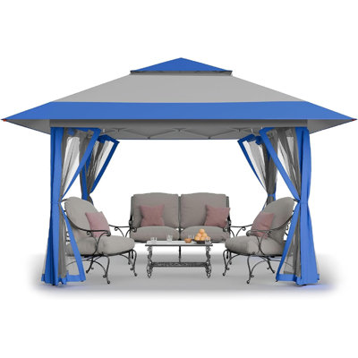 13 pi. L 13 pi. D Pavillon de jardin extérieur pour pelouse de jardin et de patio avec filet (bleu et gris clair)