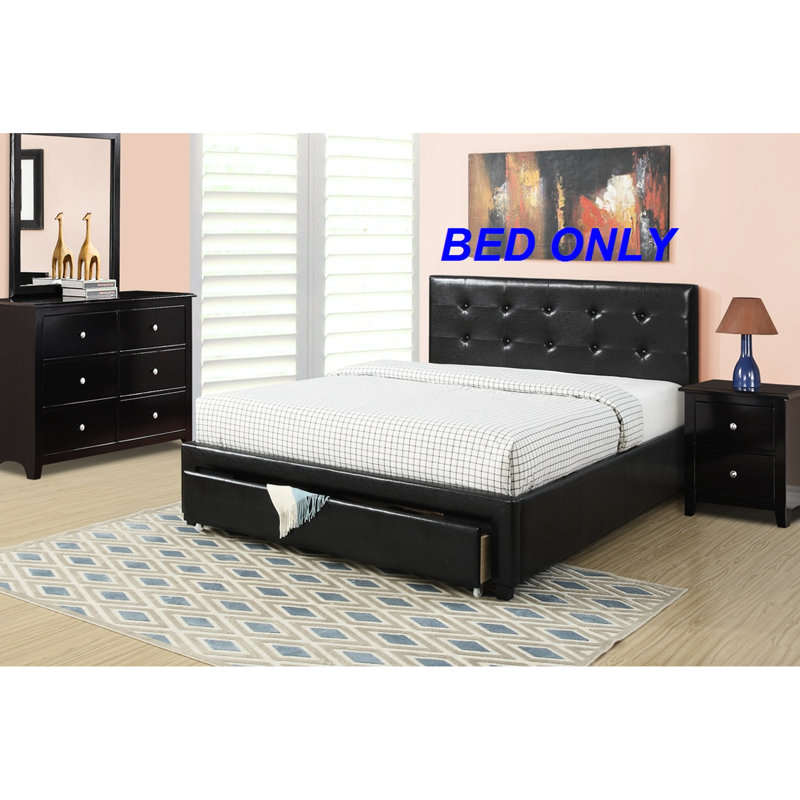 Structure de lit pour grand lit en noir avec rangement sous le lit et similicuir, tête de lit, tête de lit tapissier en bois de peuplier et de pin