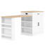 Console d'îlot extensible avec tiroirs, armoire à deux portes et tablettes ouvertes. Sert de table de salle à manger, de bar pour le petit-déjeuner temporaire et de salon de thé l'après-midi, blanc