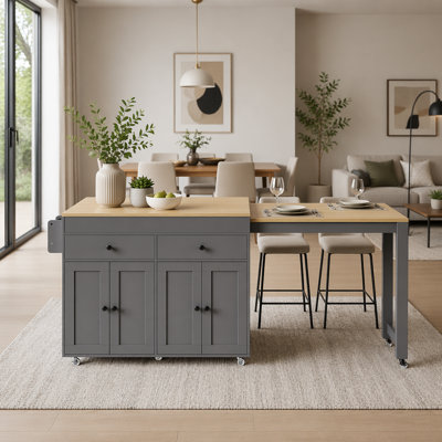 Îlot de cuisine roulant avec table extensible, rangement et étagère à épices