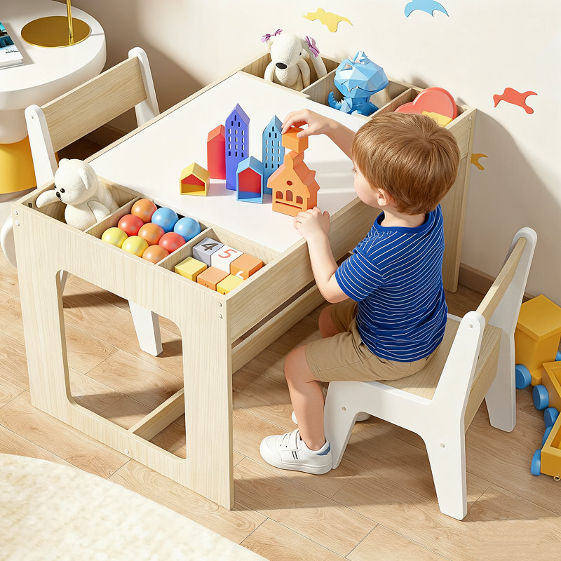  Kids Table And 2 Chairs With Blackboard, Storage Space, Toddler 3 In 1 Wooden Activity Desk Set For Drawing, Eating, Reading, Playing