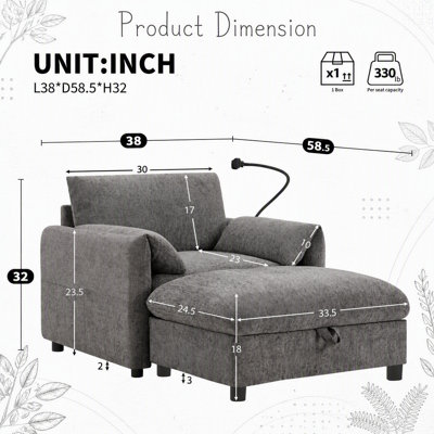 Canapé simple de 38 pouces avec repose-pieds de rangement, support de téléphone réglable, chargeur USB, poches latérales et accoudoirs en forme d'oreiller pour les salons et les appartements modernes