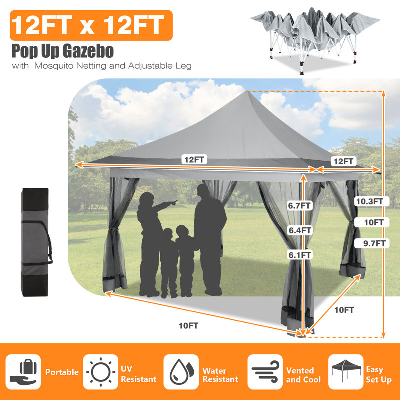 12x12FT Outdoor Waterproof Gazebo, Pop Up Canopy Tent , Light Gray
