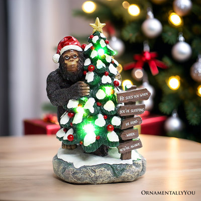 Figurine fantaisiste derrière l'arbre de Noël, statue de yéti à DEL de 7,5 po «Il vous voit quand vous dormez»
