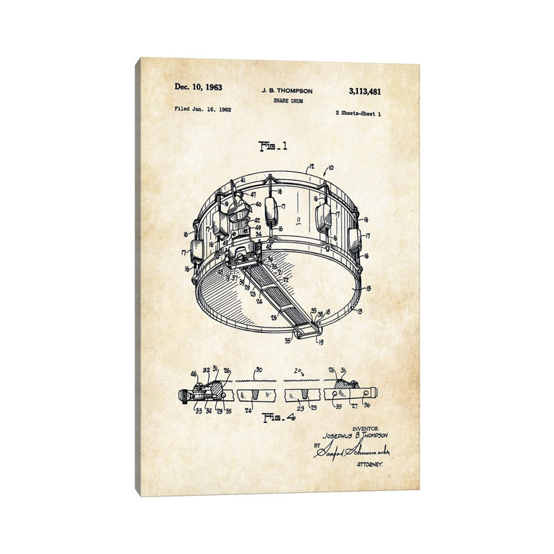 Rogers Dynasonic Snare Drum by Patent77 - Wrapped Canvas Print, 66.04 cm H x 45.72 cm W x 3.175 cm D