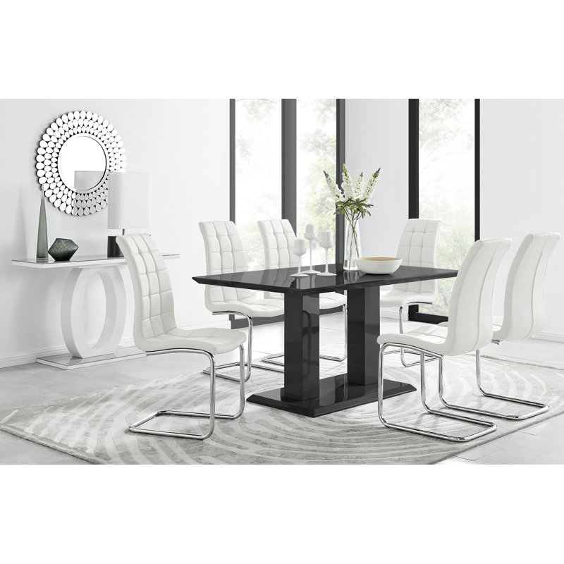 Edzard Double Pedestal High Gloss Dining Table Set with 6 Modern Faux Leather Dining Chairs, Black, White