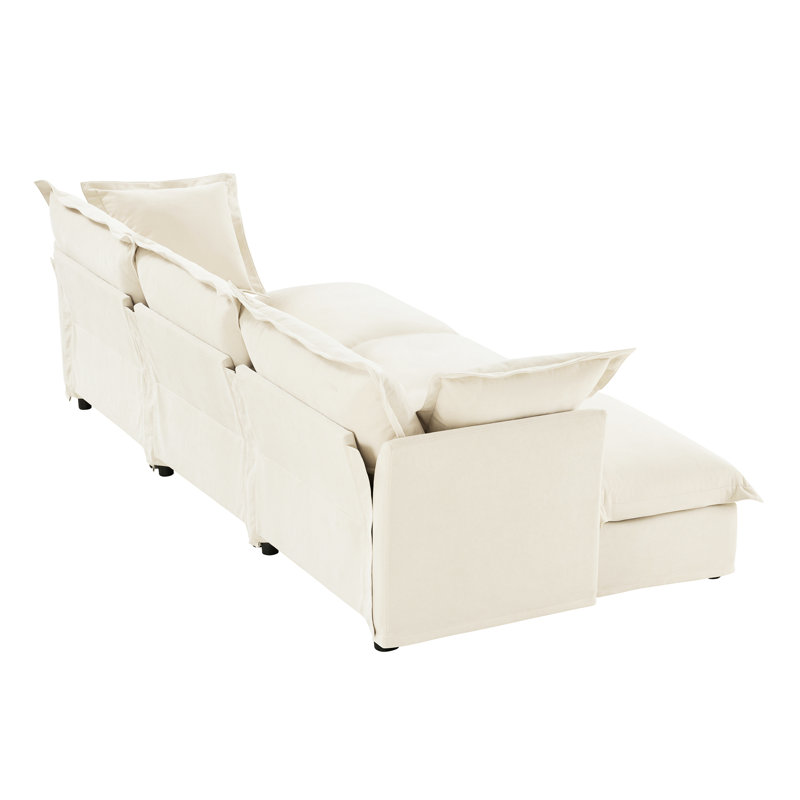 3 avec 3 repose-pieds en chenille crème, et spacieux repose-pieds de salon, tissu en chenille, configuration de cinéma maison élégante