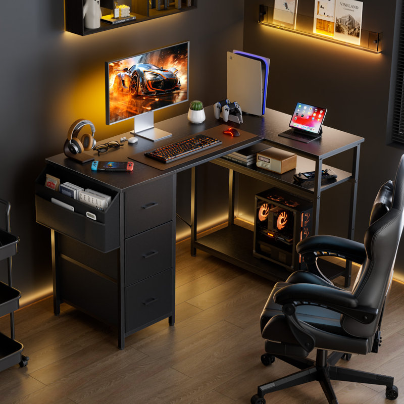 L-Shaped Computer Desk with Storage Bag & 3 Fabric Drawers, Modern Home Office Corner Desk with Storage Shelves, Space-Saving Workstation for Bedroom, Study & Small Spaces