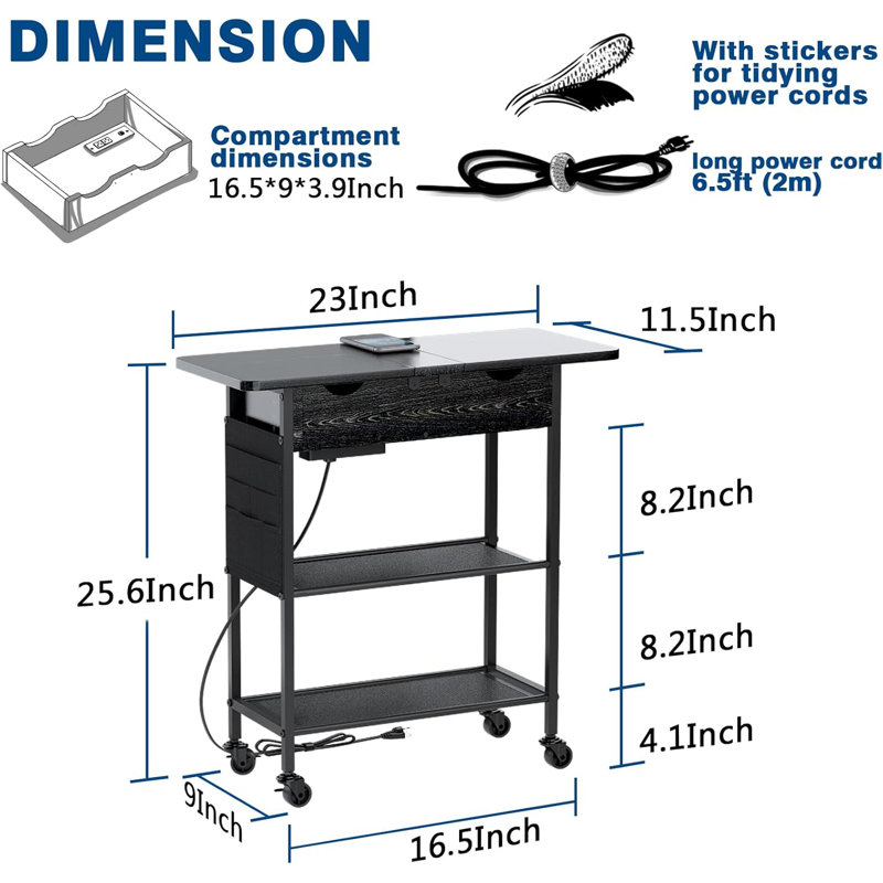 Black Slim Rolling Side Table with Charging Station and Shelves