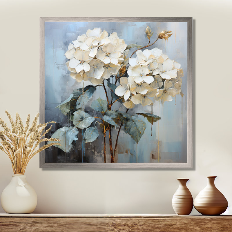 Hydrangées bleues dans des tons de gris sur toile, H 24 po x l 24 po x P 1 po, Cadre simple argenté