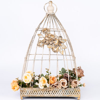  Vintage Decorative Birdcage With Flower Accents And Top Ring, Plant Display Birdcage, Elegant Home Decor For Any Room