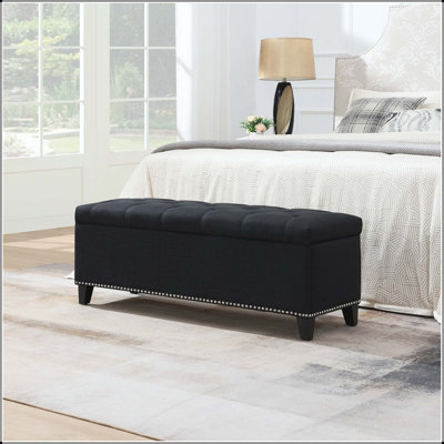 Linen Button-Tufted Storage Ottoman Bench with Safety Hinge - Black