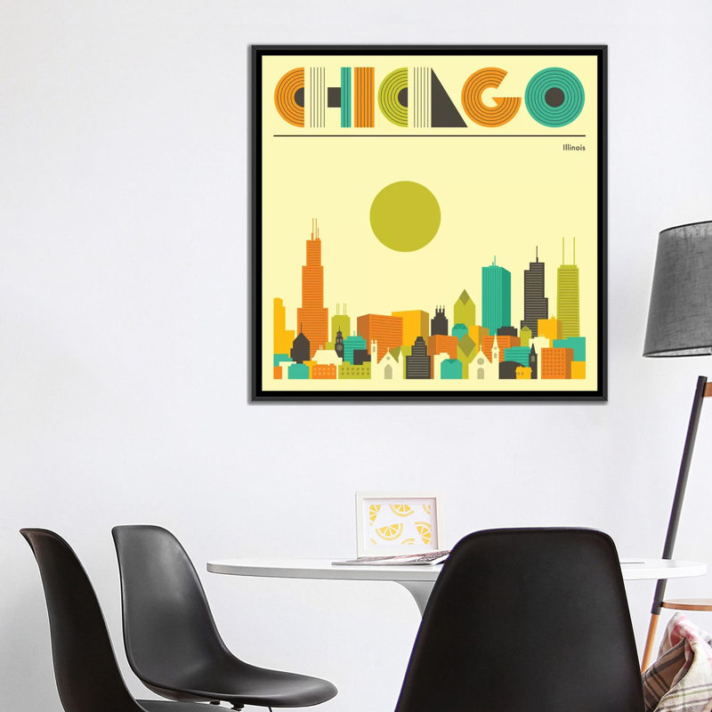 «Chicago Skyline», reproduction d'impression sur toile, H 12 po x l 12 po x P 1,5 po, Toile avec cadre blanc, Pas de tapis