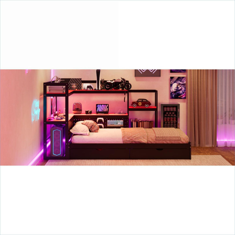 Twin Sized Matte Black MDF Platform Gaming Daybed, Modern Multi-Functional Design for Bedroom