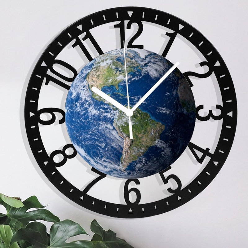 Horloge murale ronde en fer 10 po avec mouvement à quartz silencieux, chiffres arabes, impression UV, Terre