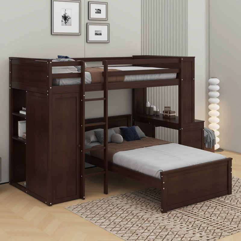 Lit mezzanine simple avec tablettes, bureau et garde-robe, Espresso