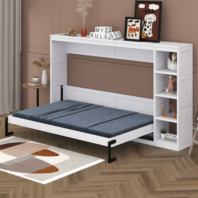 Modern Murphy Bed With Bookshelf, Natural, Full