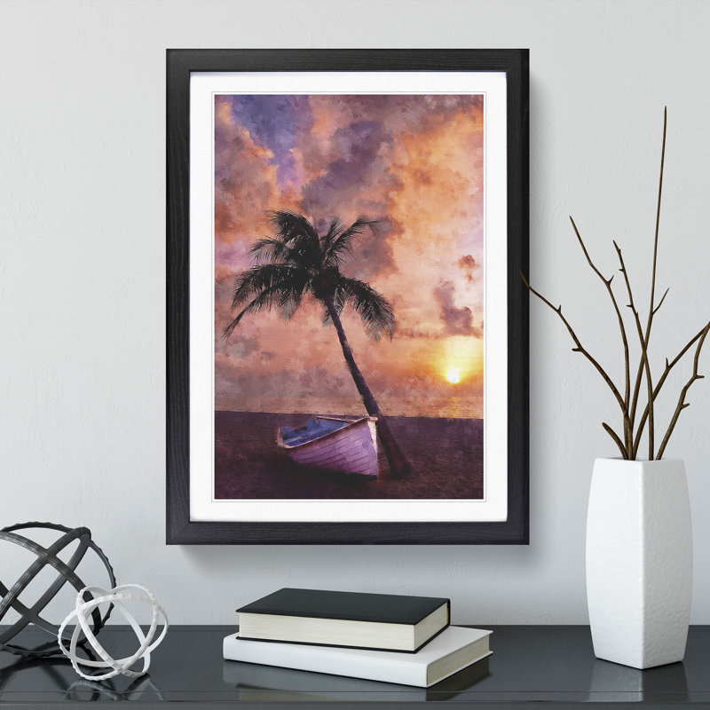 Palm Tree and Boat - Framed Print, 65cm H x 48cm W x 2cm D, Black Framed