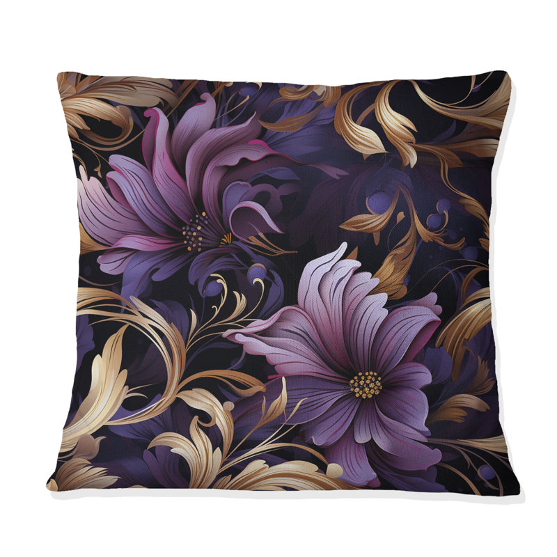 Coussin décoratif à motif damassé glamour doré et mauve II, 16 po x 16 po