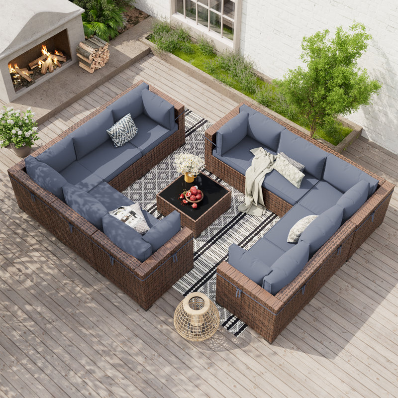 Dinyu Wicker 10 - Person Modular Patio Conversation Set with Cushions, Gray
