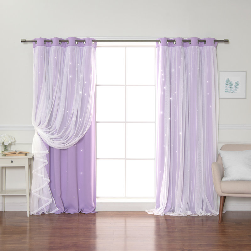 Jenifer Tulle Overlay Star Cutout Solid Room-Darkening Grommet Curtain Panels, Lavender, 52" W x 96" L