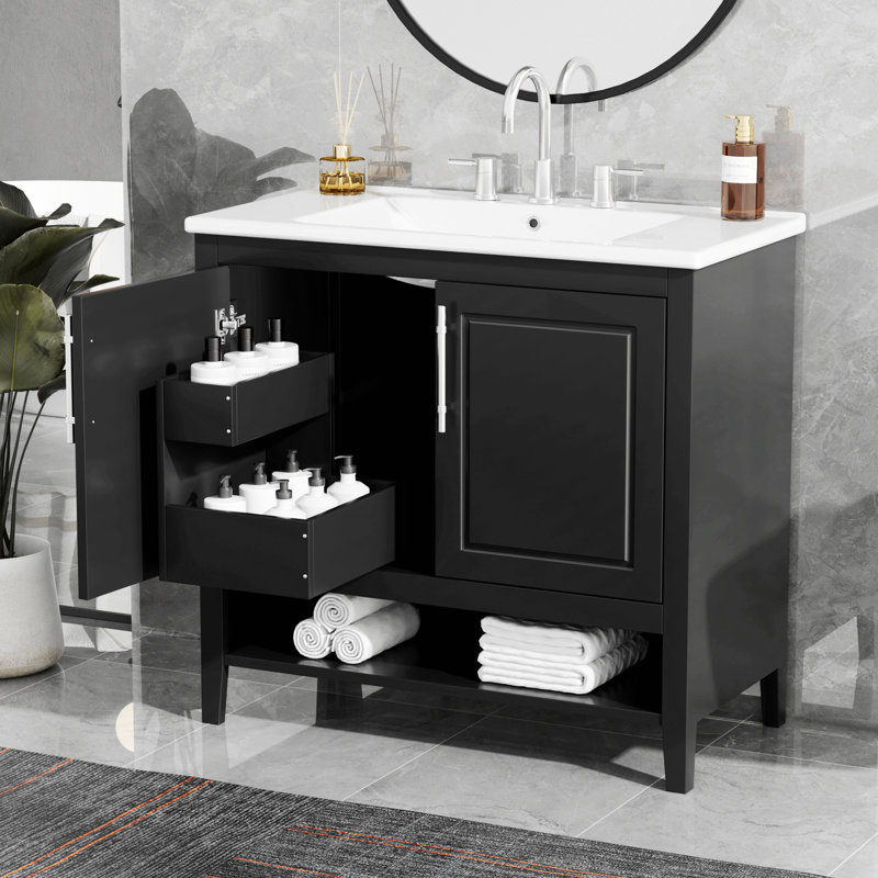Meuble-lavabo 36 po avec lavabo, armoire de salle de bain multifonctionnelle avec portes et tiroirs, cadre en panneau de fibres à densité moyenne et panneau de fibres à densité moyenne, noir