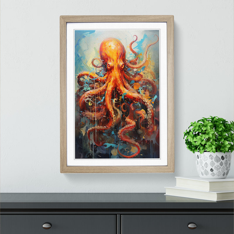 Octopus Expressionism - Single Picture Frame Print on Wood, Oak Framed, 64cm H x 46cm W x 2cm D
