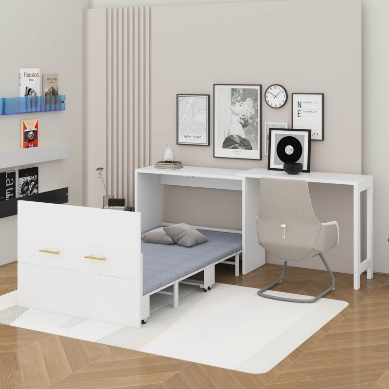 Armoire lit escamotable avec bureau en forme de L et coussin Murphy, Blanc