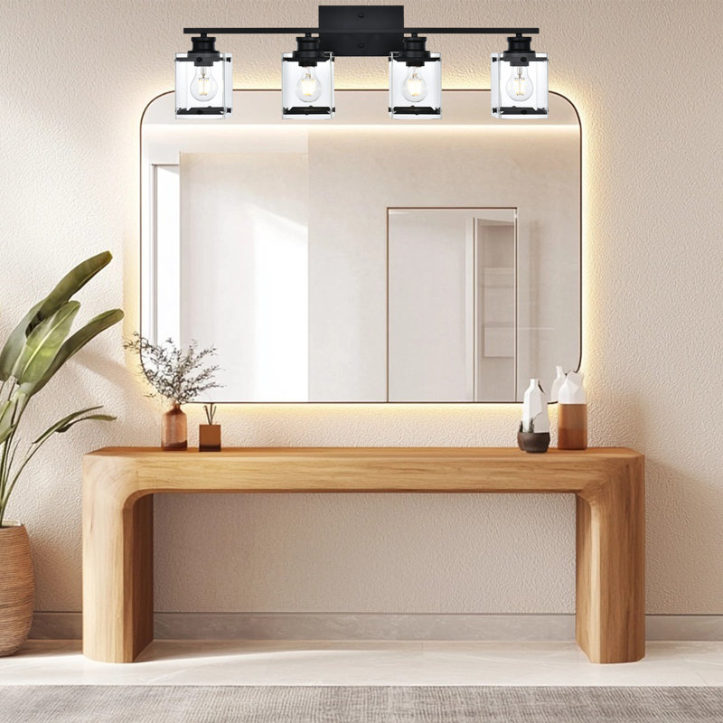 Luminaire pour meuble-lavabo de salle de bain noir mat, luminaire pour meuble-lavabo 4 lumières au-dessus du miroir, conception carrée et certification UL, appliques murales avec abat-jour en verre transparent, douille E26 (ampoules non incluses)