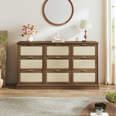 Canei 9-Drawer Boho Wood Chest Of Drawer 60" Wide Rattan Style