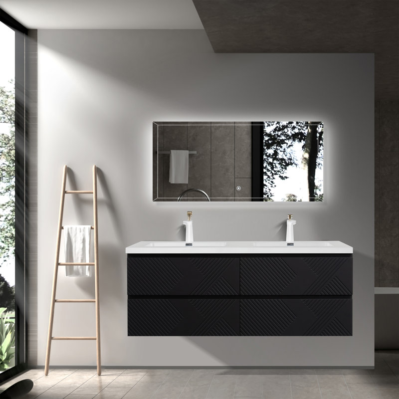 Blancha 60 po L x 21 po P 4 tiroirs Meuble-lavabo mural avec évier double et Comptoir en Polymarbre blanc