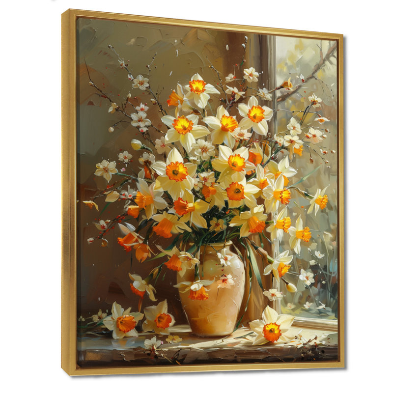 Jaune et blanc, charme féminin, jonquilles - décoration murale jonquilles, Cadre flottant doré, H 16 po x l 32 po