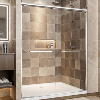 Aluminum Frame Double Sliding Shower Door, 60" Width, 72" Height, 1/4" (6mm) Tempered Glass With - Proof Film, Waterproof Design And Reversible, Bathroom Tall Door 6mm Clear Shatter Corrosion
