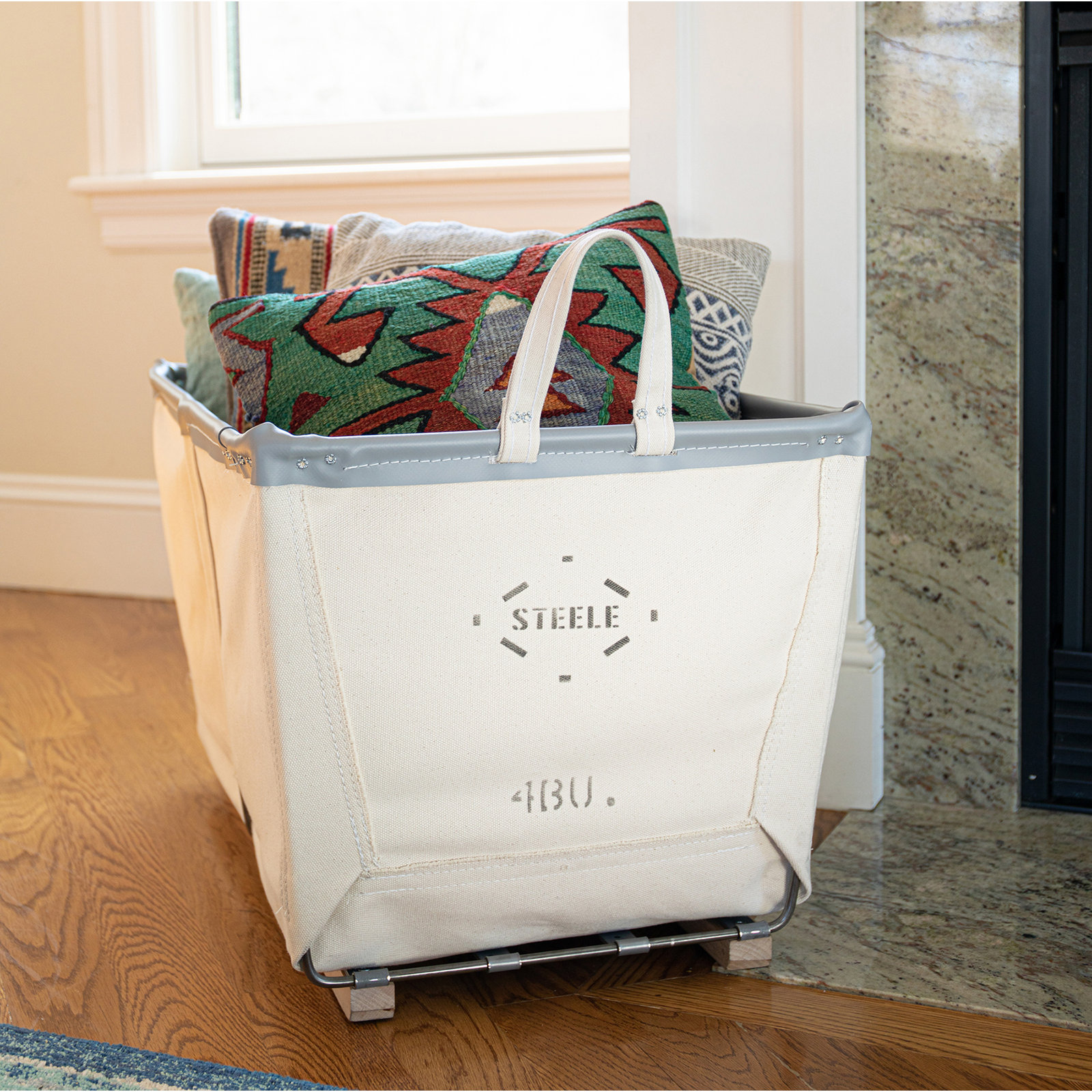 Canvas Carry Basket - 4 Bu, Natural Canvas with Gray Vinyl Rim, Small (5" H x 15" W x 23" D)