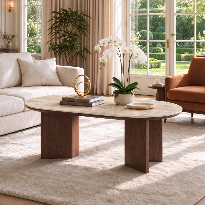 Table basse de 51 po de style moderne Mid-Century brun, plateau de table en pierre frittée beige avec pieds doubles en bois massif