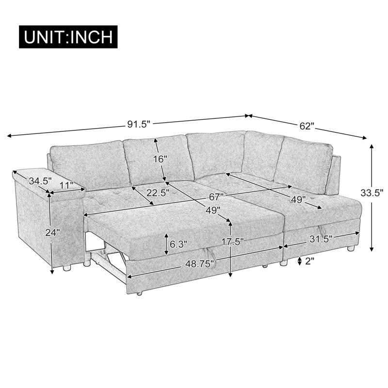 Canapé-lit modulaire en L 91,52 "avec lit escamotable pour le salon, Polyester gris