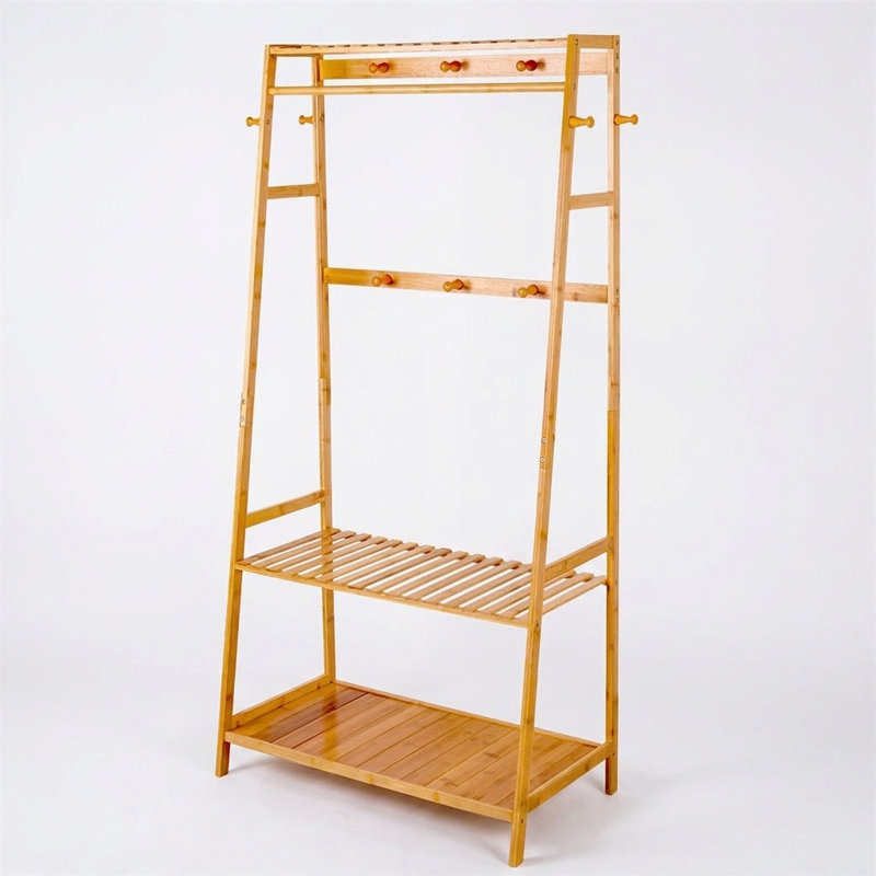 Mattera Natural Bamboo Wooden Clothes Rack, Garment Rail Garment Rack Open Wardrobe, Storage Shelves Bedroom, Natural