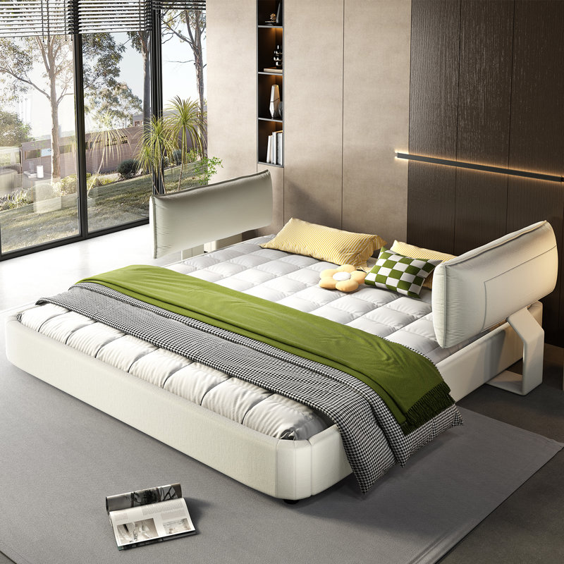 Chenille Cloud Bed Frame With Thickened, Movable Headboard, Beige