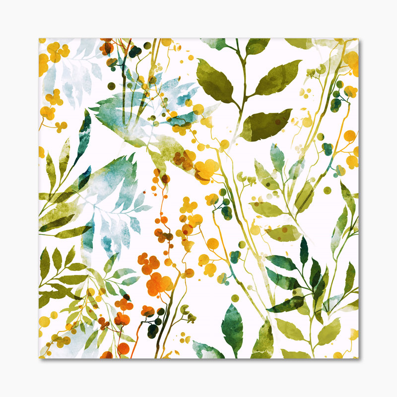 Fleurs printanières et feuilles sur fond blanc - peinture sur toile, Toile tendue, H 36 po x l 36 po