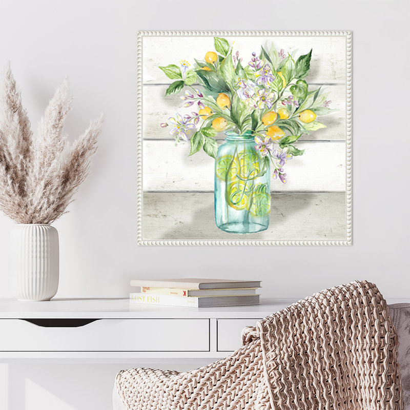 «Watercolor Lemons in Mason Jar Shiplap» par Tre Sorelle Studios, reproduction d'art sur toile encadrée, 22" H x 22" W
