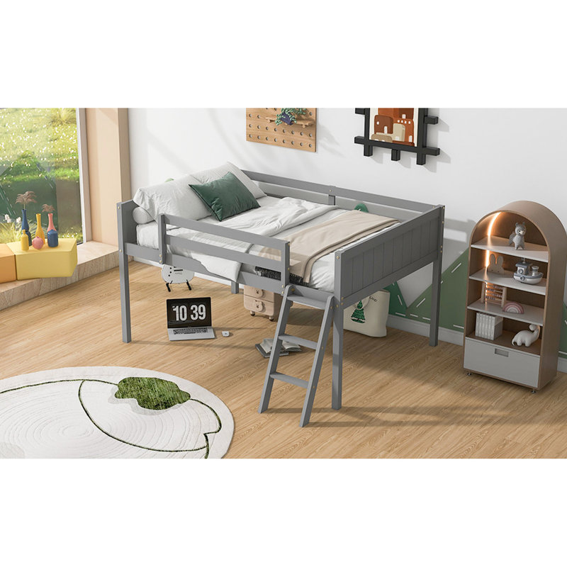 Lit mezzanine double en bois gris avec, construction, sans sommier, facile à installer et bas, sommier tapissier, assemblage simple