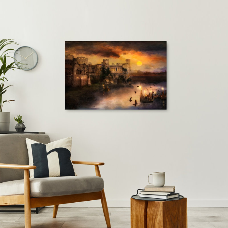 Château brumeux au coucher du soleil : une œuvre d'art murale abstraite et onirique représentant un oiseau et une architecture au coucher du soleil.