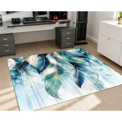 Tapis à motif de plumes abstraites, bleu sarcelle et or, effet aquarelle, design artistique, antidérapant, décoration intérieure élégante pour salon, chambre, entrée, cuisine, balcon