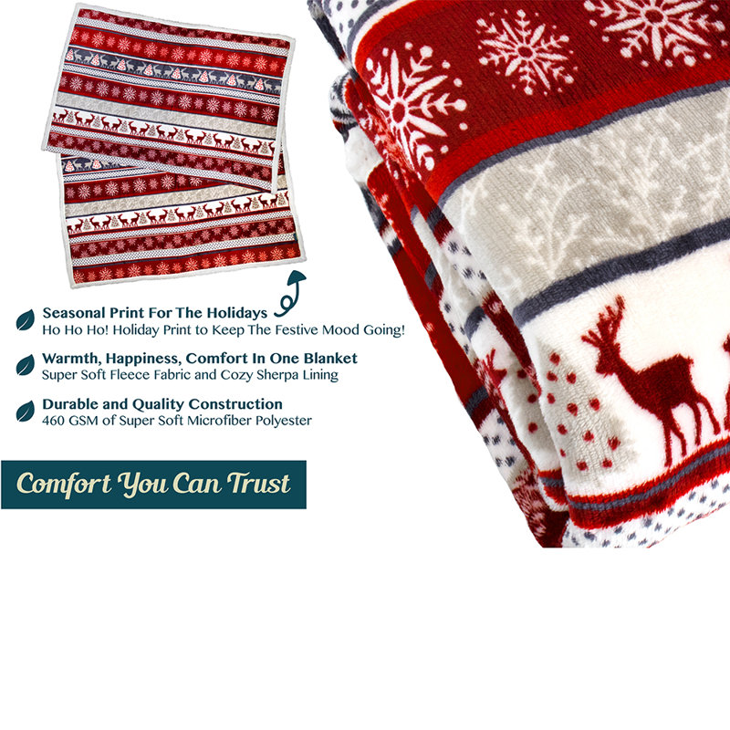 Holiday Reindeer Red and White Sherpa Fleece Reversible Throw Blanket