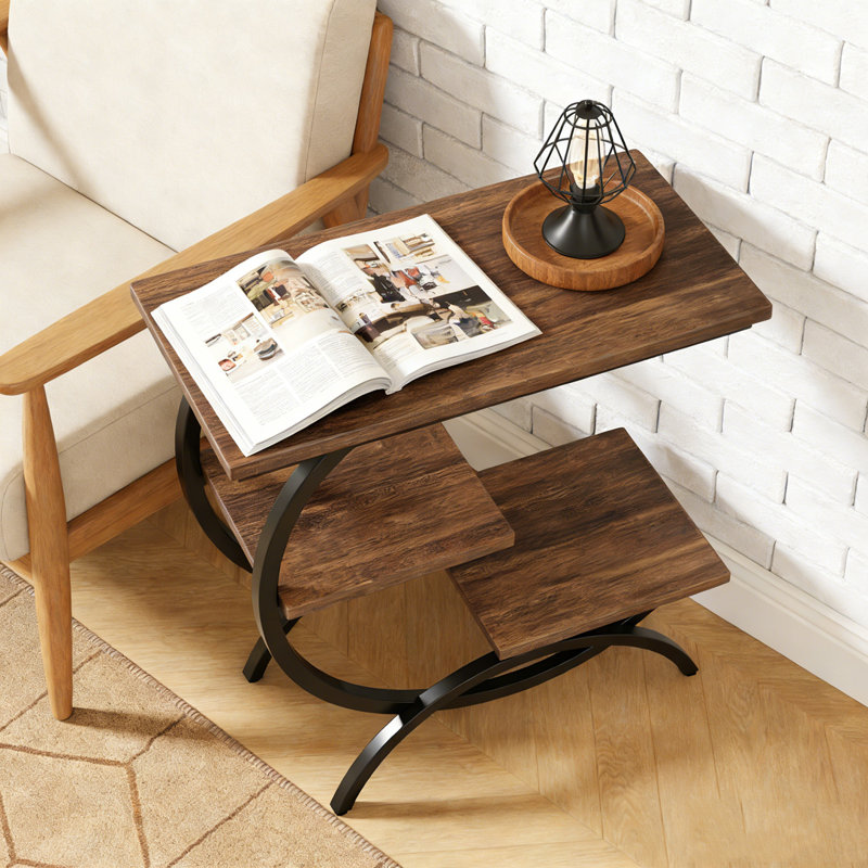 Table d'appoint industrielle à 3 niveaux en forme de C pour les petits espaces, Marron foncé